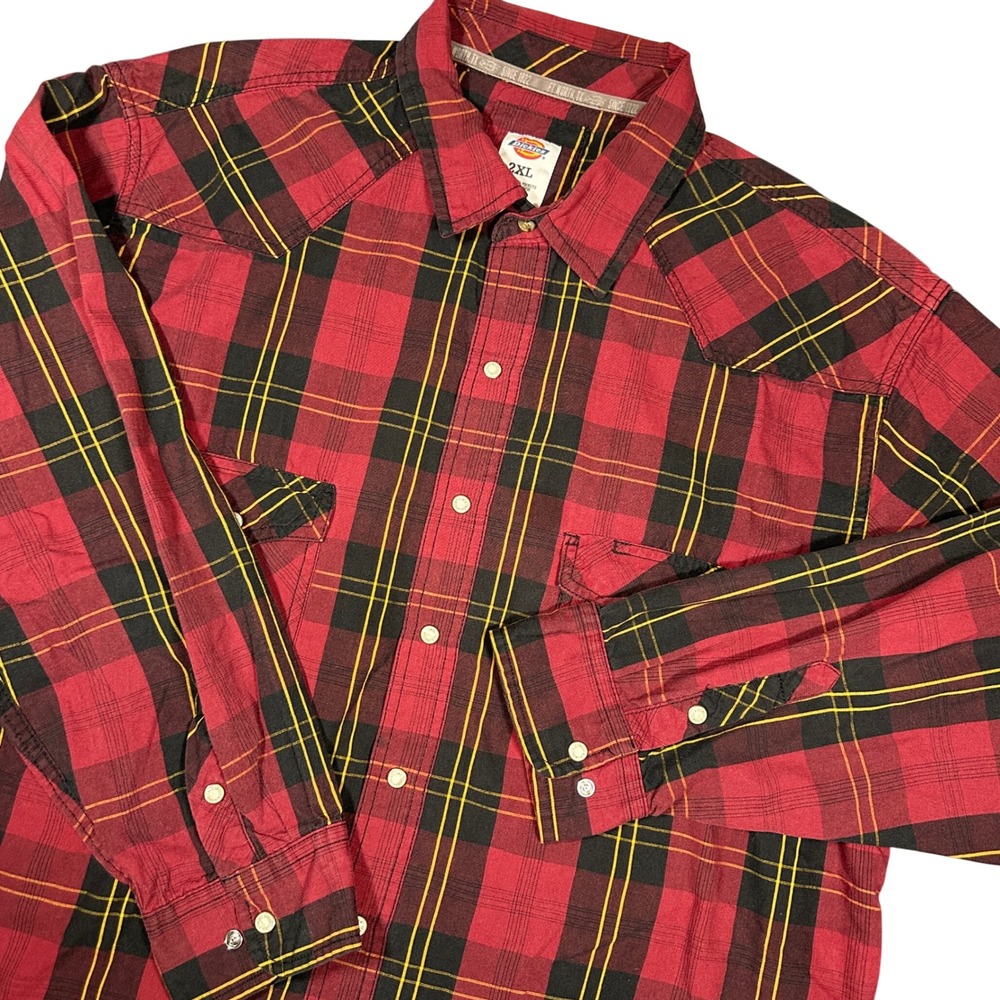 Dickies Mens 2XL Plaid Western Pearl Snap Shirt Red Black Long Sleeve Workwear